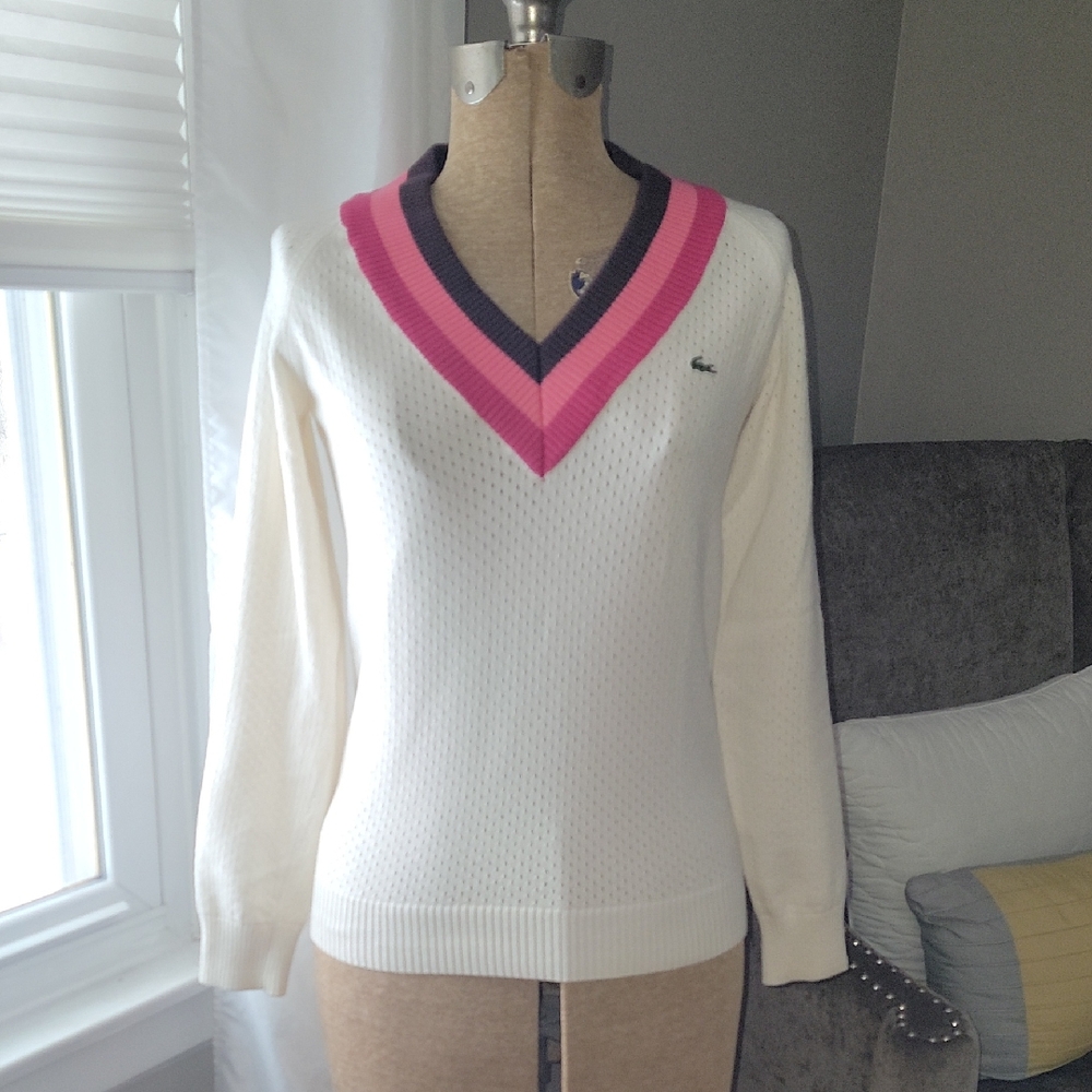 Vintage Lacoste Women's V-Neck Sweater in Cream and Pink